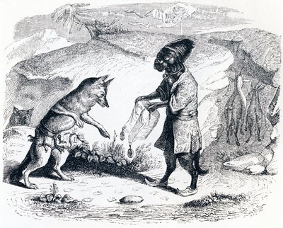 Nemocný lev a liška (Le lion malade et le renard) - Bajky od La Fontaine od Grandville