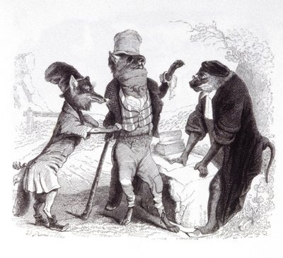 Vlk prosící proti lišce před opicí od Grandville (1803 47)