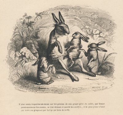 Vy zajíčkové děti posloucháte, jak jejich zraněný dědeček vypráví příběhy. Miniatury ilustroval JJ Granville. Rytina signovaná Breviere v části "Příběh zajíce" od PJ Stahla ve "Scénách ze soukromého a veřejného života zvířat". Paříž od Grandville