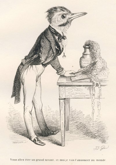 Budeš velkým učencem a já to oznámím světu. Viněty ilustroval JJ Granville. Rytina signovaná Tamisierem v části nazvané „Průvodce pro použití zvířat, která chtějí dosáhnout vyznamenání“, napsal Honore De Balzac v od Grandville