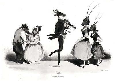 Pár psů ze série Les Metamorphoses du Jour od Grandville
