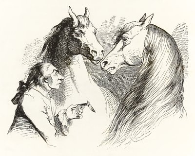 Gulliver hovoří s mluvícími koňmi v Houyhnhnms Land z Gullivers Travels od Jonathana Swifta od Grandville