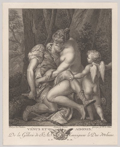 Venuše truchlící nad Adonisem, sedící pod stromem a objímající ho, s Cupidem vpravo, c..., ca. 1786. od Gérard René Le Vilain