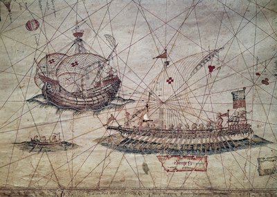 Galley a portugalská karavela, detail z námořní mapy Středozemního moře od Grazioso Benincasa