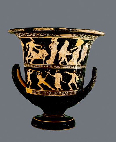 Podkrovní červenofigurový kalich-krater zobrazující (nahoře) Théseovy skutky a (dole) satyry Sikinnis, Komos a Simos svítí pochodně z uhlíků Prométheus nese ve stonku fenyklu, kolem 420 př. n. l. (keramika) od Greek