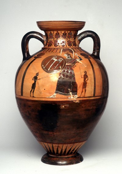 Černá figurální váza zobrazující Athénu ohánějící se štítem a kopím, 550 př. n. l. (keramická) od Greek