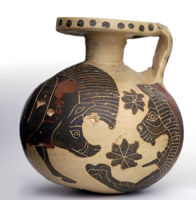 Korintské černofigurové sférické aryballos zobrazující zvířata, období středního Korintu (600-575 př.nl) (hlína) od Greek
