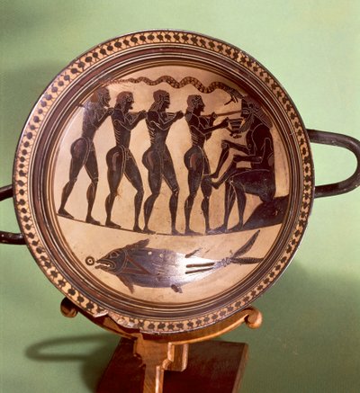 Pohár zobrazující Odyssea oslepujícího Polyféma, černofigurová keramika, Řecko, řecká civilizace, 6. století př.n.l. od Greek