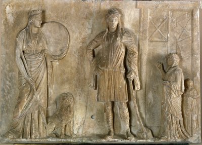 Řecké umění: „“ Frygické božstvo Cybele a Attis, jeho syn a milenec““ Mramorový reliéf z 2. století před naším letopočtem. Museo Archeologico, Benátky od Greek