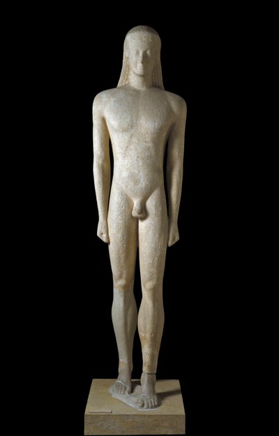 Řecké umění: socha Kourose, socha mladého muže z archaického období (650-500 př. n. l.), 530-520 př. n. l., From Melos, Dim. 1,94 m - Athény, Národní archeologické muzeum - Kouros - Archaické řecké sochařství (650-500 př. n. l.), z Melosu, 530-520 př. n. l od Greek