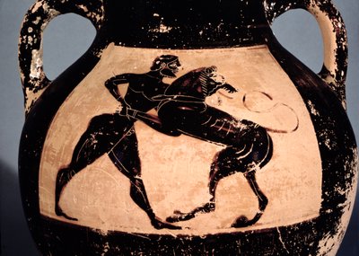 Herakles zápasící s nemejským lvem, detail z atické amfory s černou postavou (keramika) od Greek