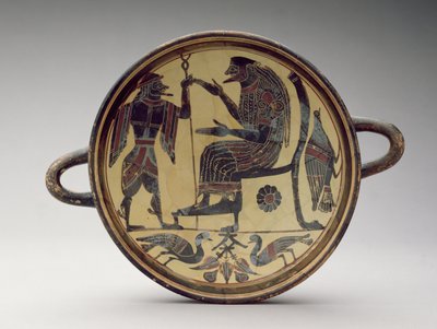 Laconian kylix cup zobrazující Dia a Herma, cca 550-530 př.nl (hlína) (viz také 288296 a 288298) od Greek