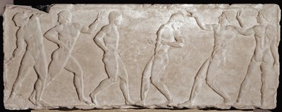 Mramorové reliéfní punčochy pohřebního kourose představující šest sportovců. 510 -500 před naším letopočtem. Z akropole Athény. Národní muzeum archeologie, Athény od Greek