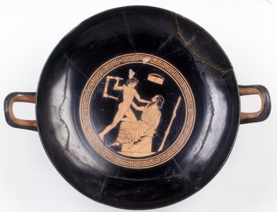 Malba na řezu: Znázornění Heracléa mávajícího židlí, aby vyřadil svého hudebního mistra, 470 př. Kr. BNF, Medailový úřad. od Greek