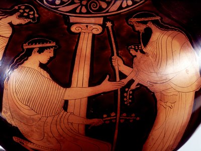Malba na váze: Jupiter (Zeus) představuje mladého Dionýsa (Bacco) dvěma ženám. 480 před naším letopočtem. BNF, Medailový úřad. od Greek