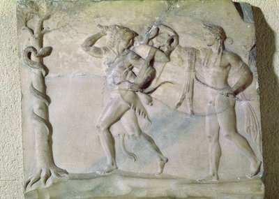 Tabulka zobrazující Herkula, jak odnáší delfský stativ před Apollónem (mramor) od Greek