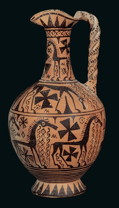 Trojlístek oinochoe zdobený koňmi, ze Skyros, Sporady, Orientalizační období (675-650 př.nl) (malovaná hlína) od Greek