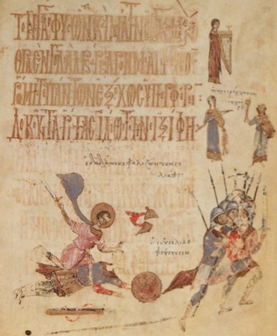 Add.19352 fol.191 David a Goliáš, z Theodore Psalter od Greek School