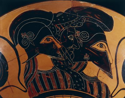 Detail řecké černofigurové vázy zobrazující tři válečníky s přilbami od Greek School