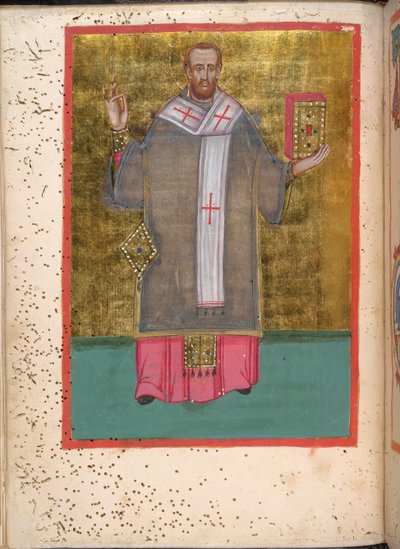 Egerton 2392, f.5v, Miniatura stojícího Jana Zlatoústého držícího knihu z 