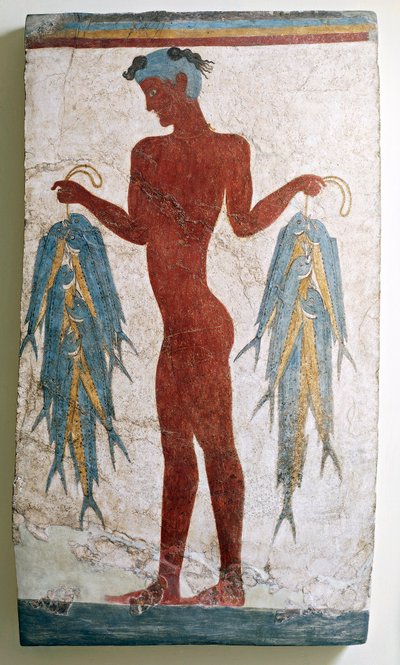 Řecká civilizace, freska zobrazující rybáře, z Akrotiri, Thera, Santorini, Řecko od Greek School