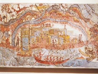 Řecká civilizace, freska zobrazující lodní průvod, z Akrotiri, ostrov Thera, Santorini, Řecko od Greek School