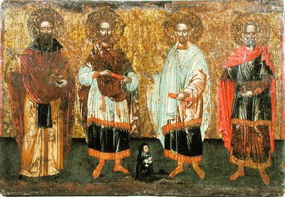 Ikona zobrazující SS. Kosmas a Damian (olej na panelu) od Greek School