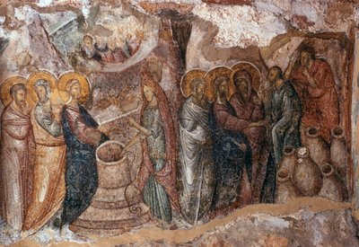 Svatba v Káně Galilejské, nástěnná malba v lodi, kostel Afendiko, klášter Brontochion od Greek School