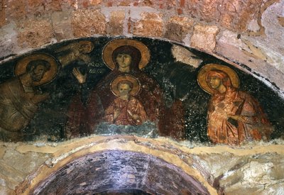 Matka Boží, nástěnná malba v předsíni, kostel Afendiko, klášter Brontochion od Greek School