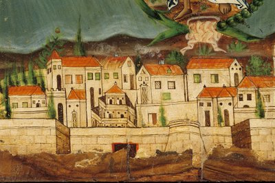 Pelmet s vyobrazením Znovuzrození Řecka, detail Konstantinopole, ze Syrosu na Kykladách (vaječná tempera na dřevě) od Greek School