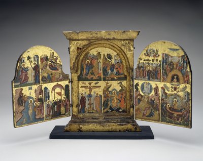 Vzkříšení Lazara; Vjezd do Jeruzaléma; Ukřižování; Sestup Krista do pekla (střední panel), druhá polovina 16. století (tempera s plátkovým zlatem na dřevě) od Greek School