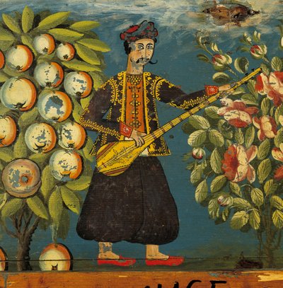 Detail hudebníka z truhly, z Mytilini, Lesbos, 18.-19. století (vaječná tempera na dřevě) od Greek School