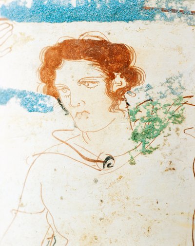 Bílá broušená keramika, půdní lekythos zobrazující pohřební scénu s válečníkem před hrobem, detail od Greek School