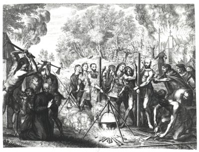 Smrt některých jezuitských otců v Nouvelle-France, z „Historiae Canadensis“ od Francoise Ducreuxe, vydané v roce 1664 od Gregoire Huret