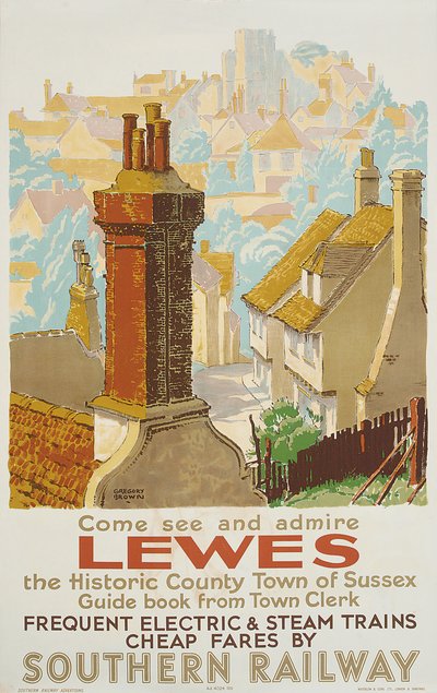 Lewes, reklamní plakát Southern Railway (barevné lito) od F. Gregory Brown