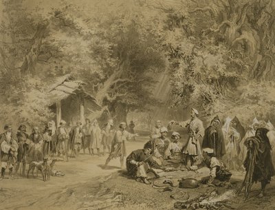 Konec lovu, Mingrelie, deska 6 z knihy o Kavkazu, vyryl Adolphe Mouilleron (1820-81), vydal Alfred Leon Lemercier, Paříž, 1847. od Grigori Grigorevich Gagarin