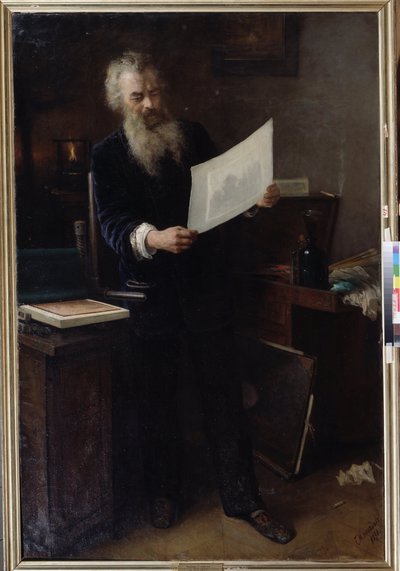 ""První dojem"" (První dojem). Portrét umělce Ivana Ivanoviče Šiškina (Ivan Ivanovič Šiškin) (1832-1898) při pohledu na jedno ze svých děl, které právě vytvořil. Obraz Grigorije (Grigoriy, Grigory) Grigoryevich Myasoyedov ( od Grigori Grigoryevich Myasoedov