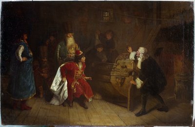 Dědeček ruské flotily. (Dědeček ruské flotily). Scéna z dětství Petra I. Velikého (1672-1725), v domě svého dědečka Nikity Romanova (?), objevil anglickou kánoi, u zrodu jeho vášně pro navigaci. Vymalováno od Grigori Grigoryevich Myasoedov