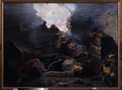 Obléhání Sevastopolu (Ukrajina) (Obléhání Sevastopolu). Popis zvěrstev Krymské války (1853-1856), během epizody obléhání Sevastopolu v roce 1854. Mrtvoly ženy a jejího dítěte leží na podlaze jejich domu s roztrhanou zdí od Grigori Grigoryevich Myasoedov