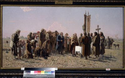 Ruští rolníci a pravoslavný kněz se modlí v době sucha. (Modlitba za sucha). Obraz Grigorije (Grigorij, Grigorij) Grigorjevič Mjasojedov (Mjasoedov, Miasoedov) (1834-1911) od Grigori Grigoryevich Myasoedov