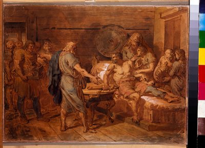 Výzva Kuzmy Minina (zemřel 1616) u knížete Dmitrije Požarského (1577-1642) - Dílo Grigorije Ivanoviče Ugryumova (Ugrioumova) (1764-1823), akvarel a bílá na papíře, cca 1800 (31,6 x 42 cm min.) - (Kuzma Minin