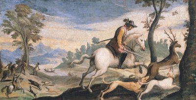 Lov jelenů a divokých prasat, Giovanni Francesco Barbieri, známý jako Guercino (1591-1666), freska, 53x101 cm od Guercino