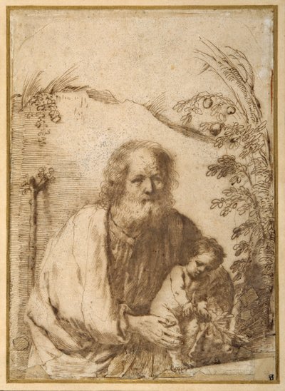Svatý Josef a Jezulátko svírající větvičku jabloně (pero a inkoust na papíře) od Guercino