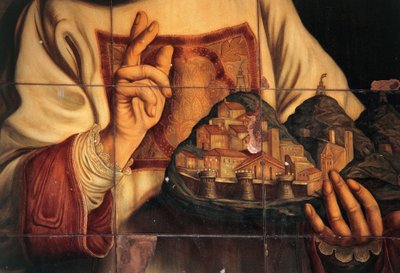 San Marino v aktu požehnání městu, které drží v ruce, olej na plátně, od Giovanni Francesca Barbieriho, zvaného Guercino (1591-1666), Kongresový a Audienční sál, Kongresový palác, San Marino, Republika San Marino od Guercino