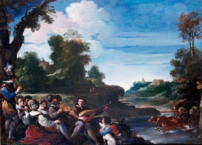 Letní potěšení krajina s koncertem. Obraz Giovanni Francesco Barbieri Guerchin dit Il Guercino (1591-1666) 17. století Sun. 0,35x0,47 m Florencie, galerie Uffizi od Guercino