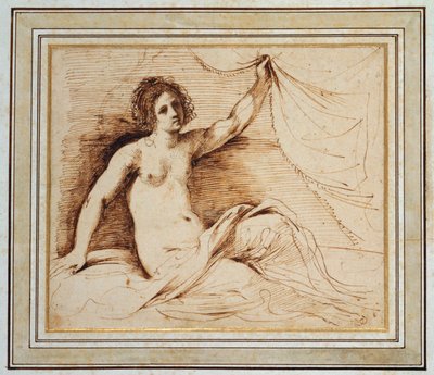 Ležící nahá žena zvedající závěs od Guercino