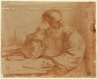 Vousatý muž sedící u stolu od Guercino