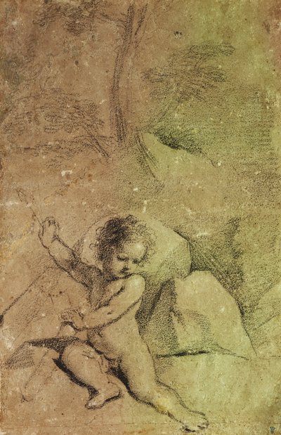 Amor kreslící šíp z toulce v krajině, od Guercino