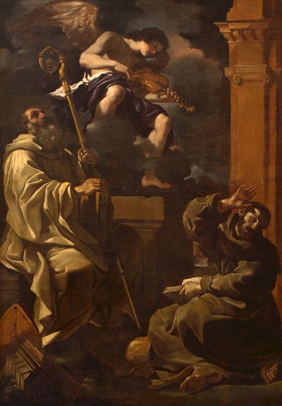 Svatý Benedikt a svatý František poslouchají anděla hudebníka. od Guercino