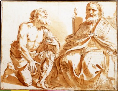 Sedící biskup a klečící světec od Guercino